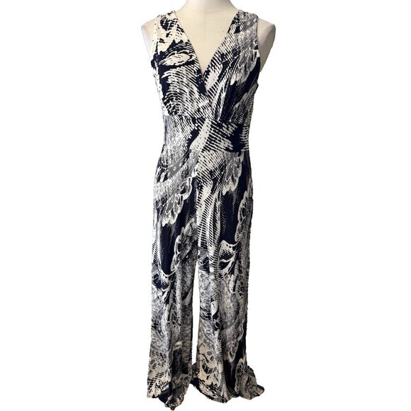 Anthropologie Clara Sun Woo M Medium Blue Ivory Jumpsuit Wide Leg Washable - Picture 1 of 10